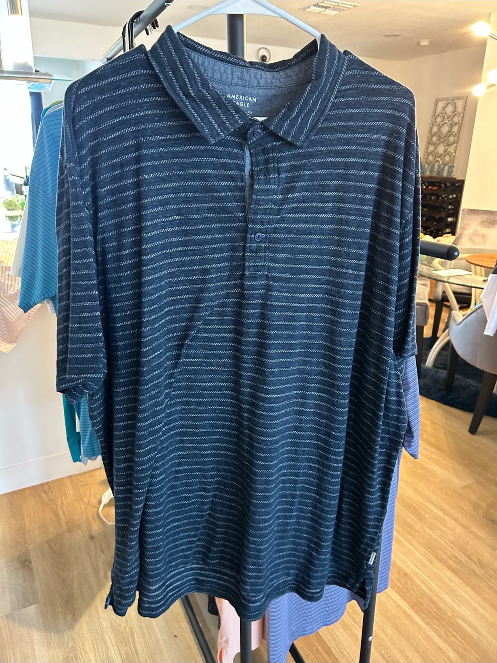 American Eagle Outfitters Men’s Navy and Light Gray Striped Polo